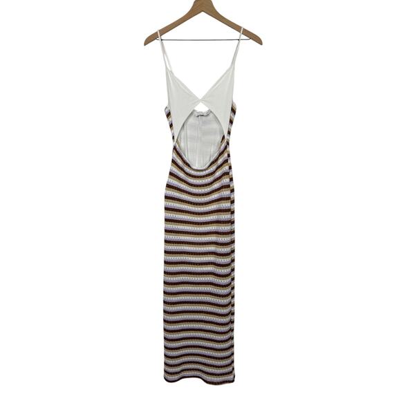 ASOS Crochet Maxi Dress Striped Size 4 White Brown Purple 70s Retro Cut Out - Picture 1 of 9